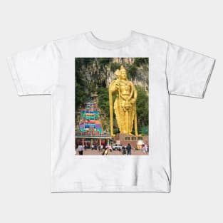 Lord Murugan with prayer wheels and stairs at Batu Caves Kids T-Shirt